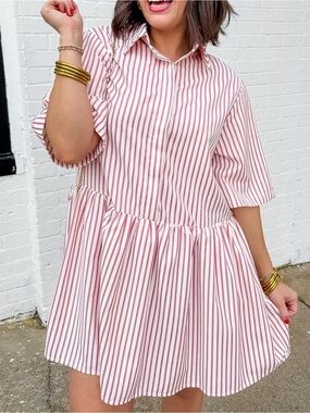 Lovelo Red and White Striped Peplum Shirt Dress